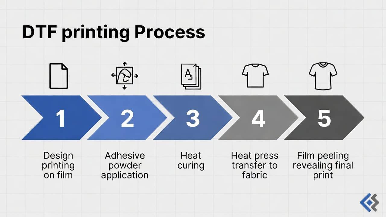 Step-by-step DTF printing process from film printing to heat press transfer