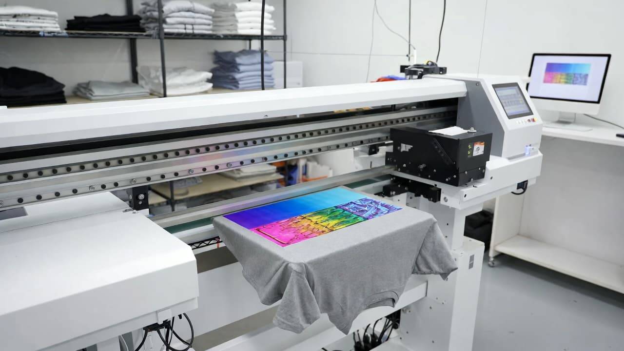 DTG printer printing custom t shirt in apparel production workshop