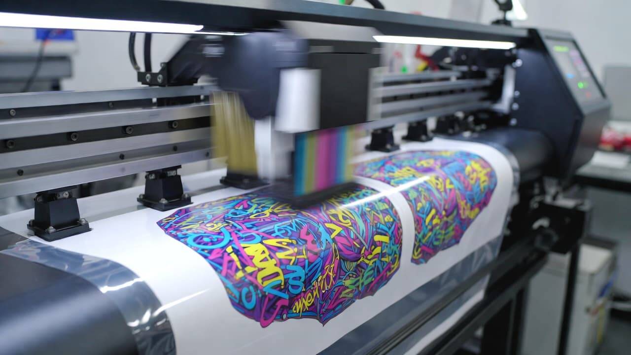 Professional DTF printer printing vibrant t-shirt design on transfer film