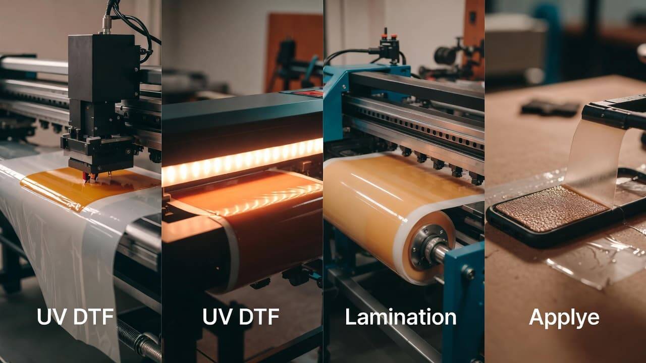Step-by-step UV DTF printing process from film printing to surface transfer