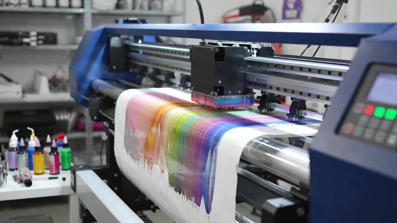 DTF printer printing vibrant design on PET film in professional workshop
