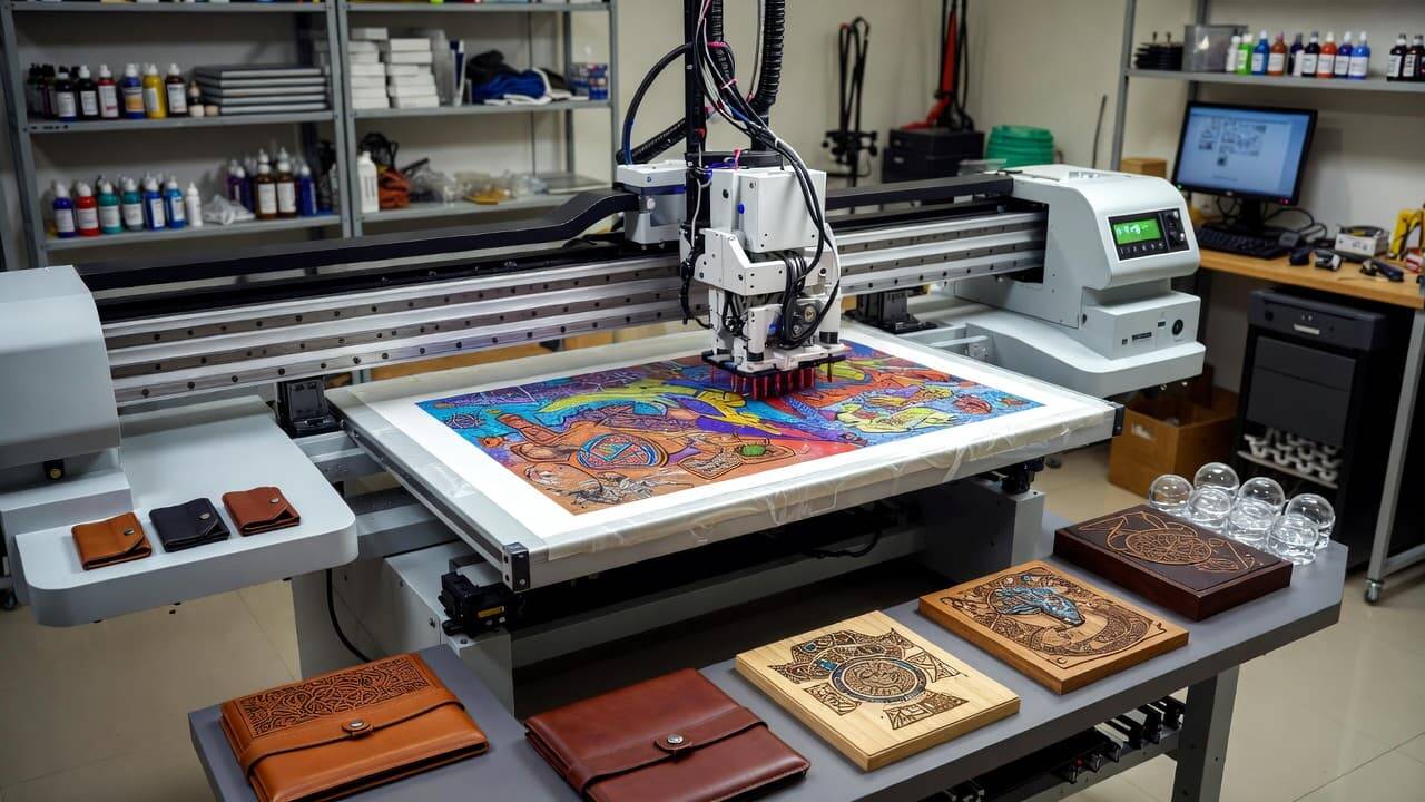 UV DTF printer producing high-quality transfers for leather, wood, and glass surfaces