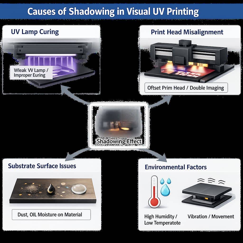 Diagram explaining main causes of shadowing in visual UV printing including curing, print head alignment and substrate issues