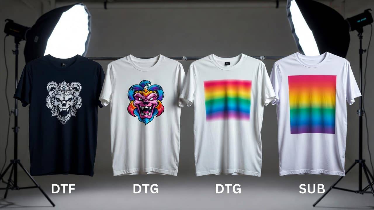 Comparison of DTF printing, DTG printing, screen printing, and sublimation on t-shirts