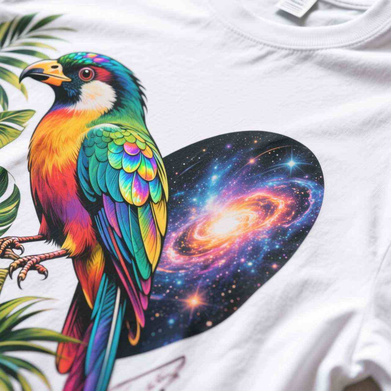 Close-up of high-resolution DTG printed t-shirt showing detailed colorful artwork