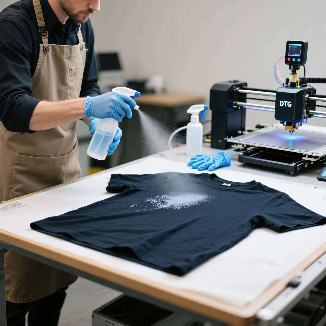 Applying pretreatment solution to a dark garment before DTG printing process