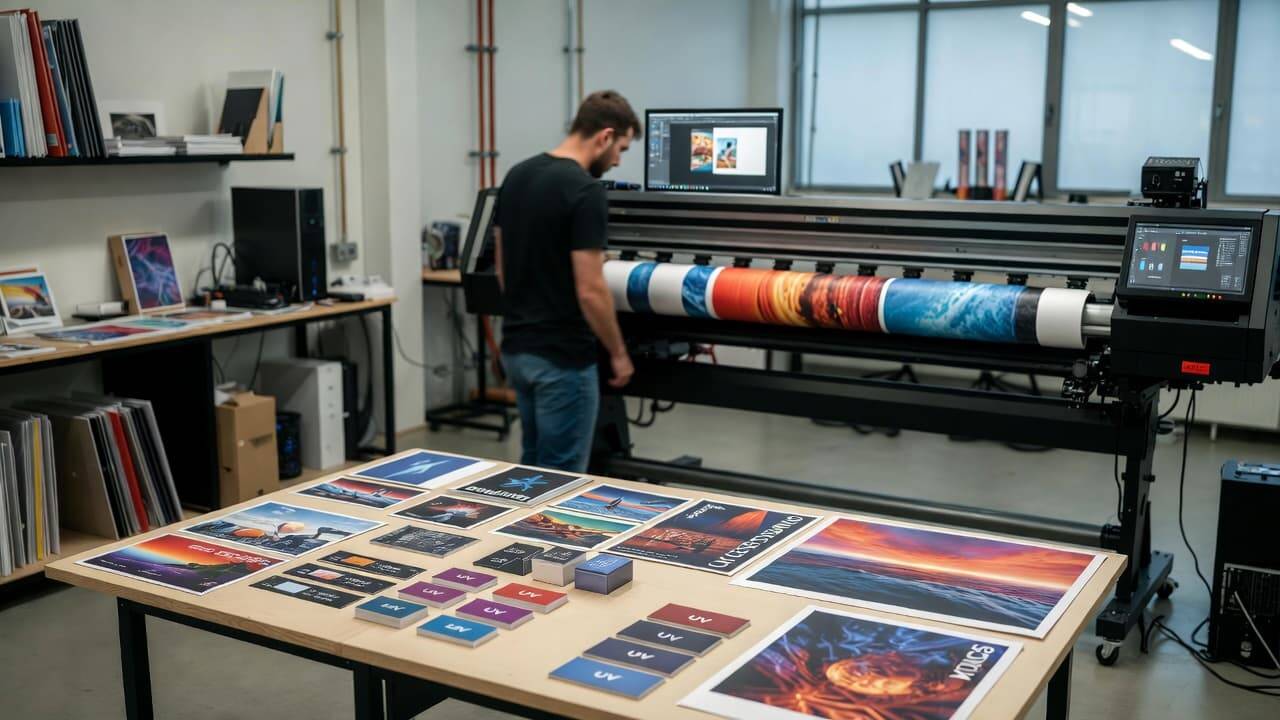 Print business owner reviewing UV printed samples in production studio