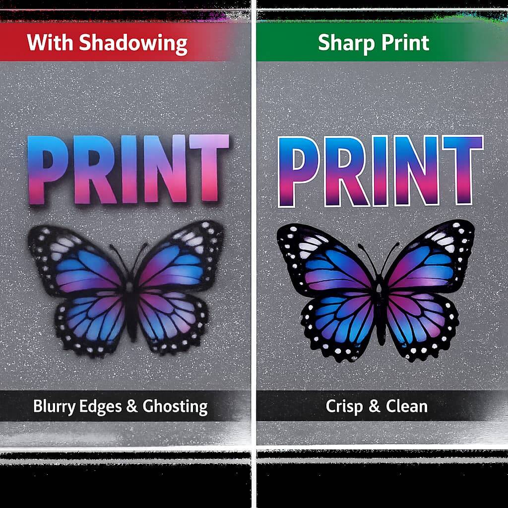 Shadowing issue in UV printing showing blurred edges compared to sharp print result on acrylic material