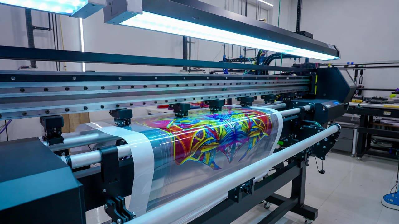 Commercial UV DTF printer printing vibrant design on transfer film