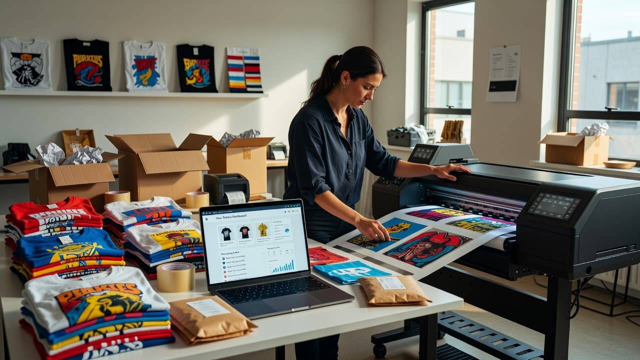 Small apparel business using DTF printer to create custom t-shirts for online store
