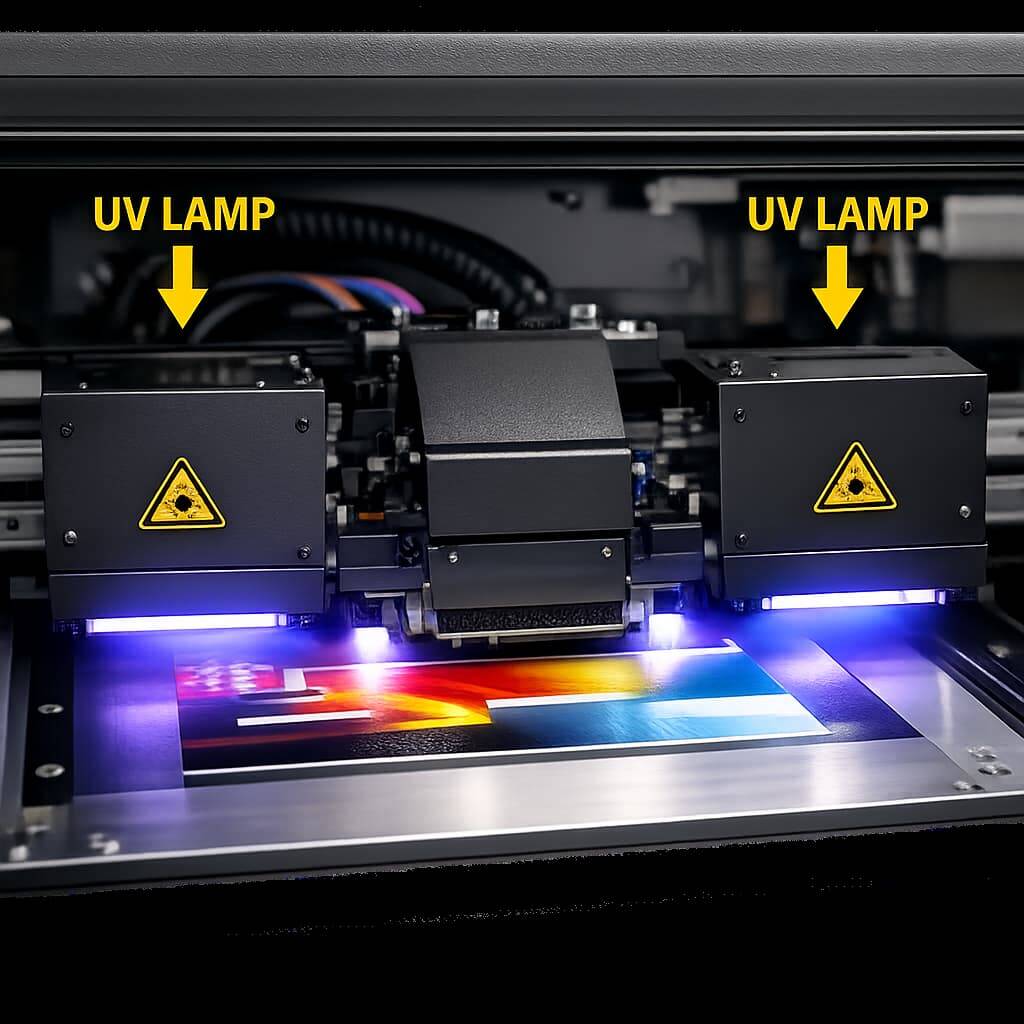 UV printer curing system showing proper UV lamp positioning to prevent shadowing during printing