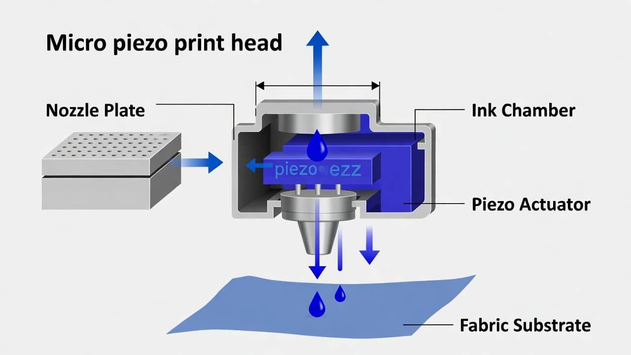 Diagram showing micro piezo technology controlling variable ink droplet sizes in DTG printing