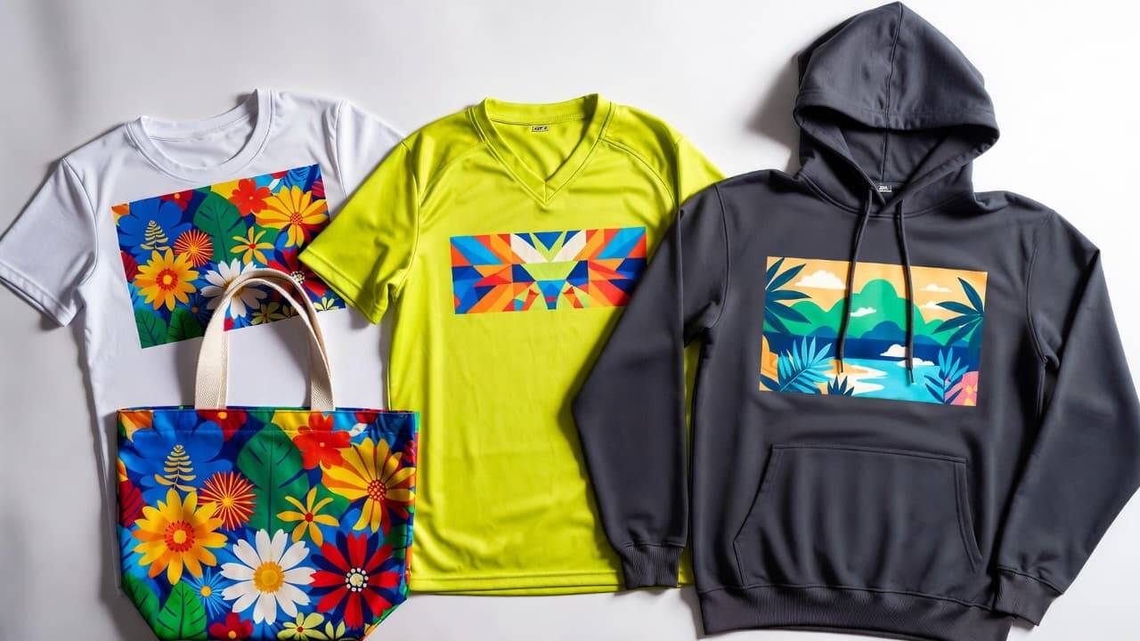 DTF printed designs on cotton, polyester, hoodie, tote bag and different fabric materials