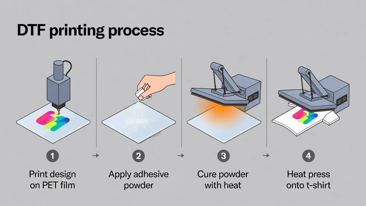 Step by step DTF printing process from film printing to heat press transfer
