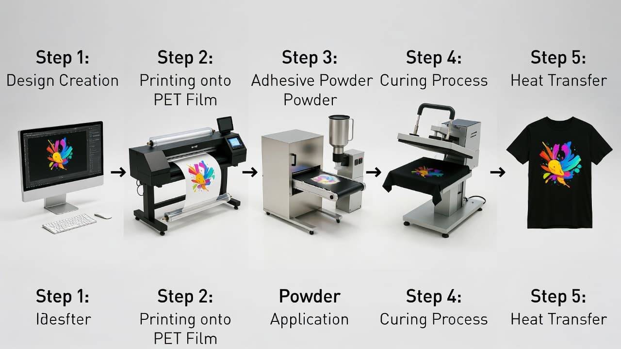 DTF printing process showing PET film printing, powder application, curing, and heat pressing onto fabric