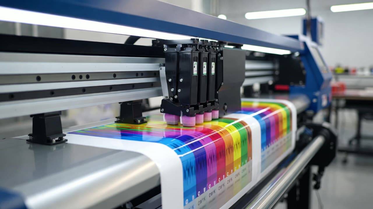 Professional DTF printer printing vibrant design on transfer film in textile workshop