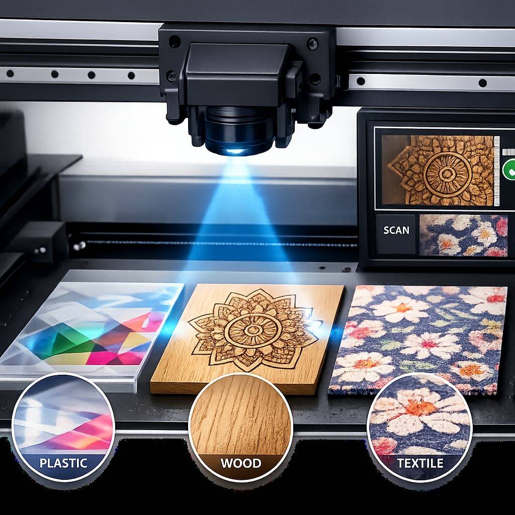 Visual sensor recognizing different materials in hybrid UV DTF printer