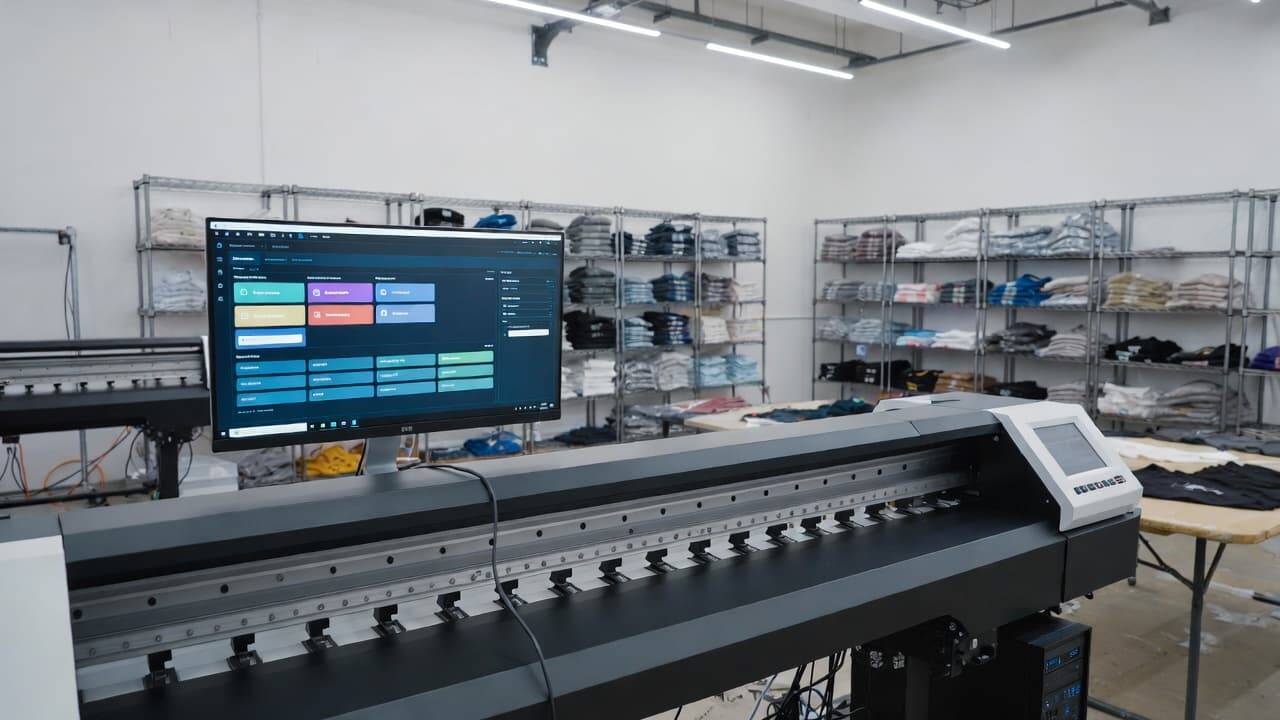 Professional DTG printer setup with automation software dashboard