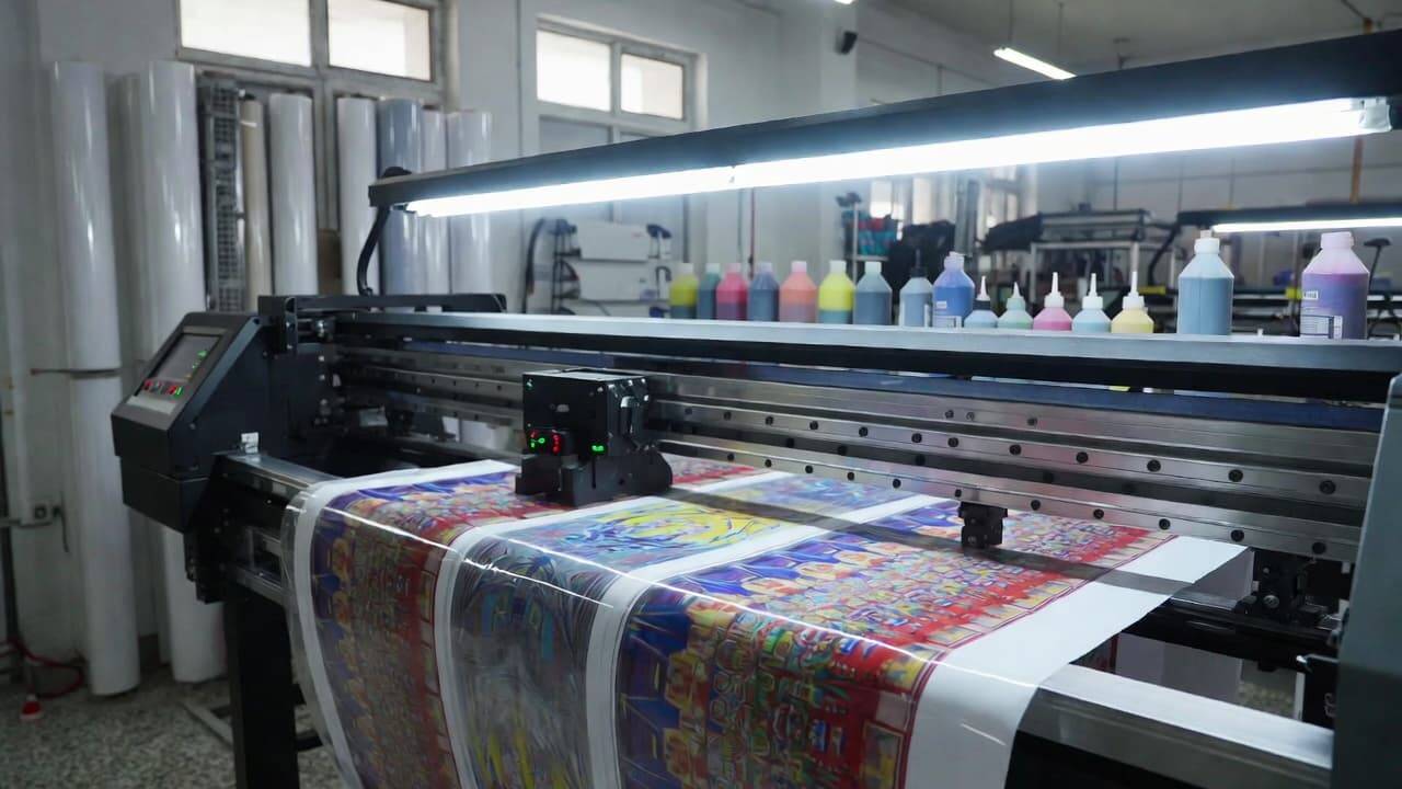 Modern DTF printer printing a colorful design onto PET film in a professional textile workshop