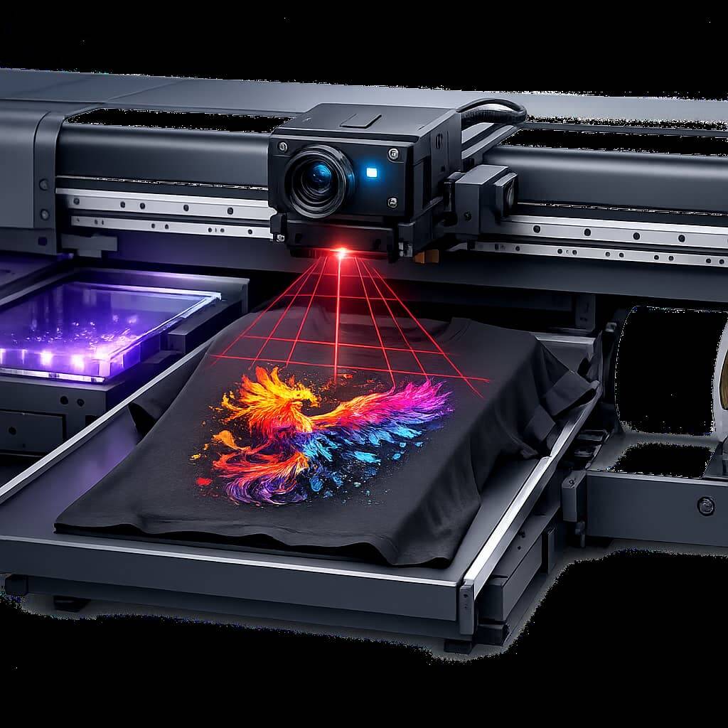Hybrid UV and DTF printer with visual sensor camera for accurate printing alignment