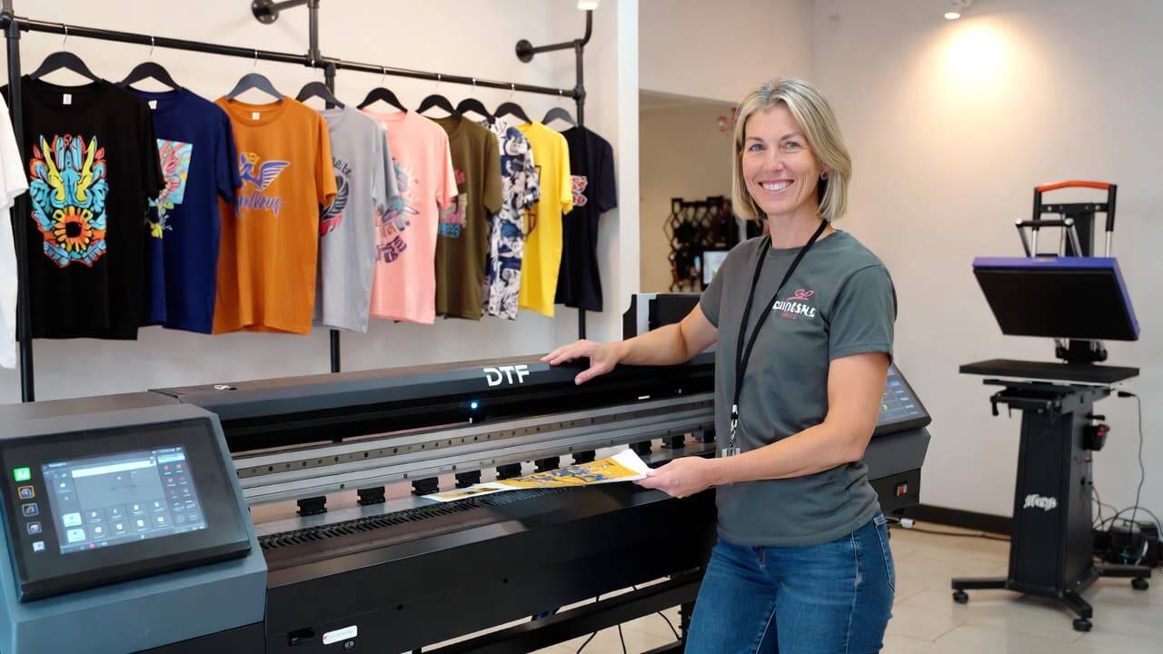 Small business owner using DTF printer for custom apparel production