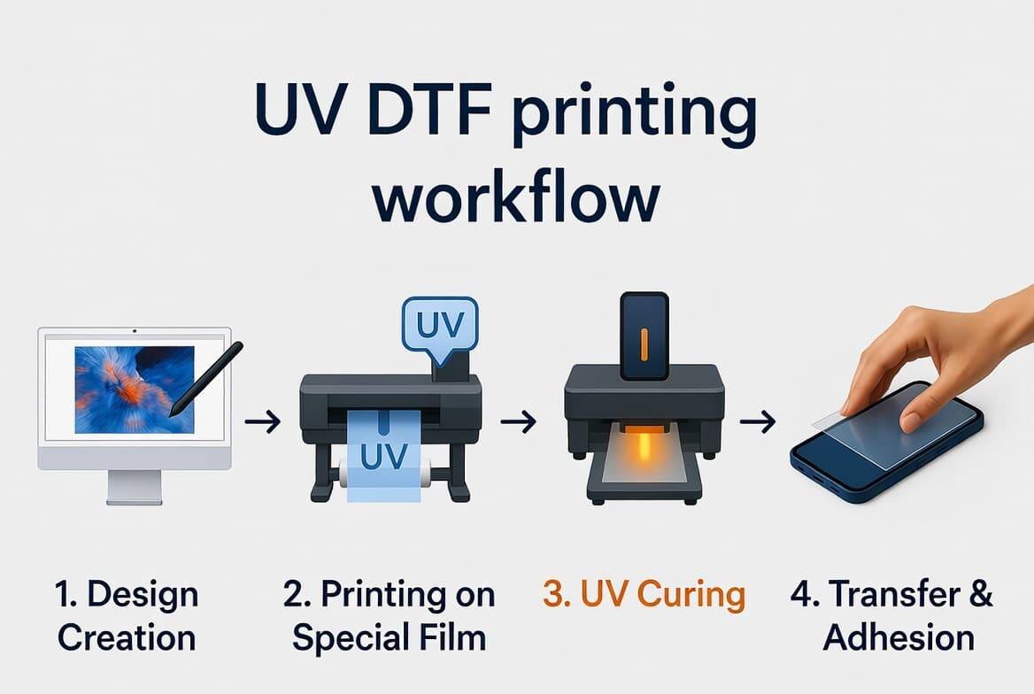 UV DTF printing process diagram showing film printing and UV curing steps