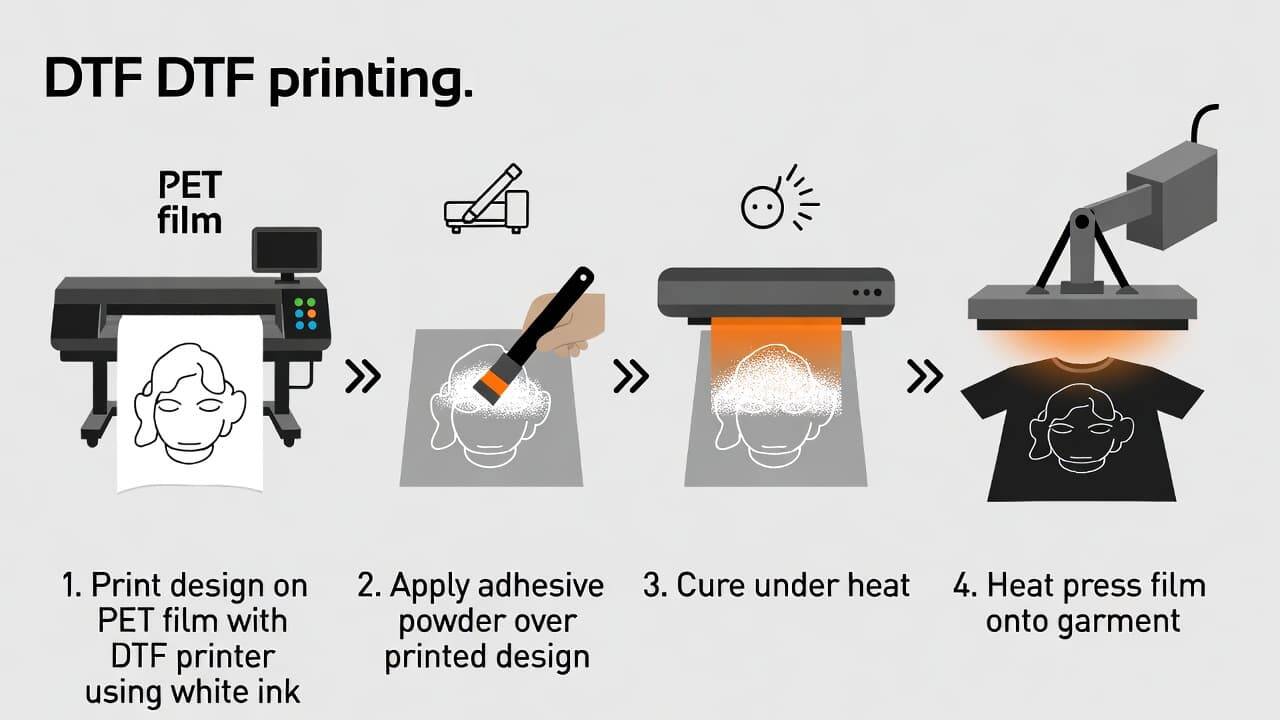 Step-by-step DTF printing process showing design printing, powder application, curing, and heat transfer onto fabric