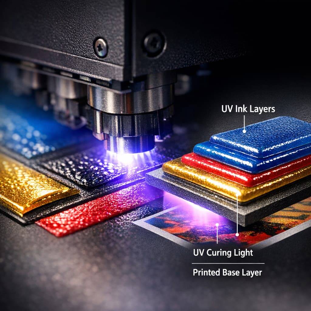 Close-up of 3D embossed UV printing showing layered ink depth