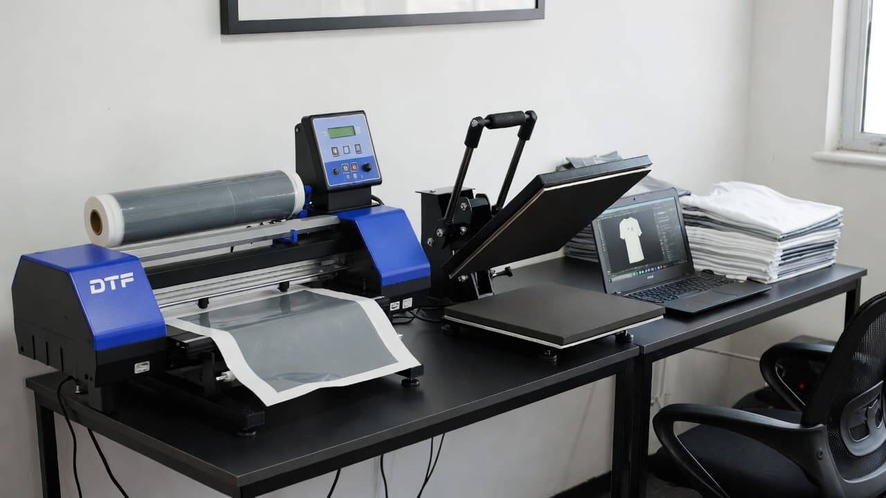 Small business workspace with DTF printer and heat press setup for custom T-shirt printing