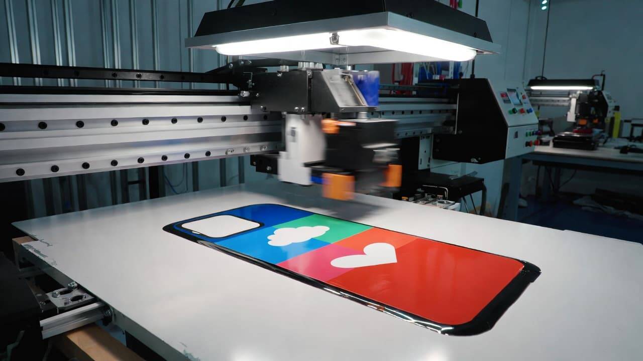 Professional UV DTF printer printing custom phone cases with vibrant design