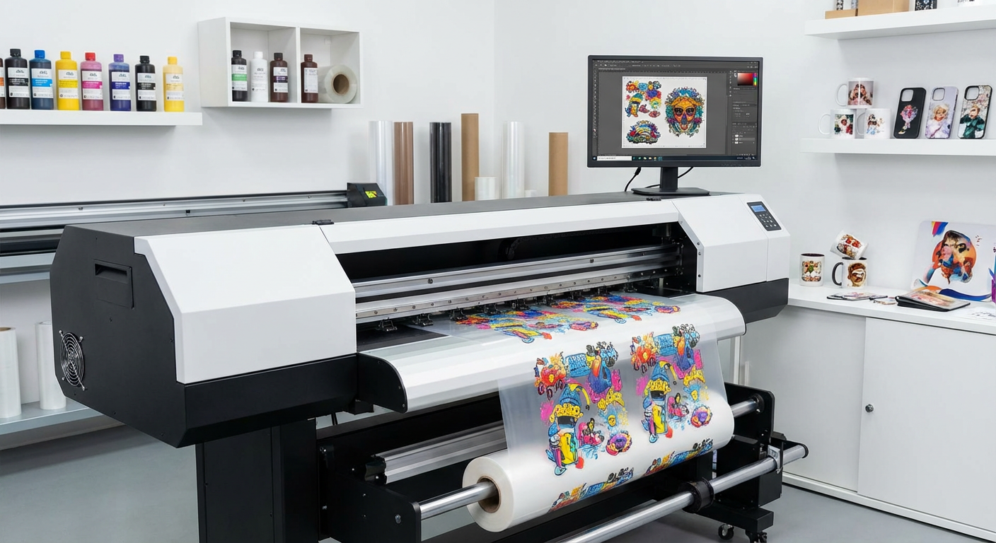 UV DTF printer producing high-quality film transfers in a modern print shop