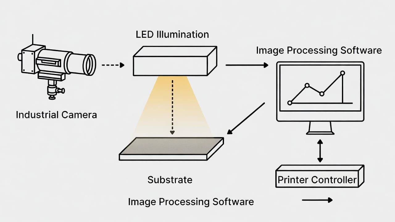 Diagram of UV printer vision system components including camera, lighting, and image processing software