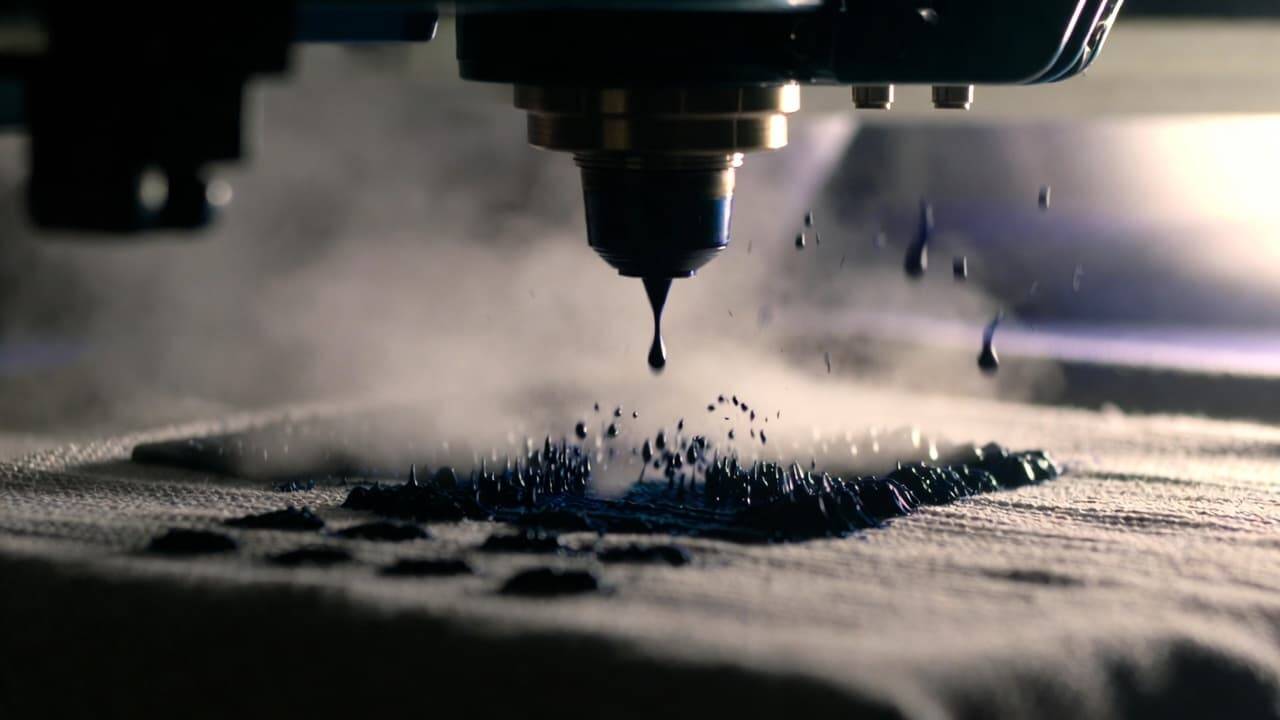 Close-up view of a DTG printer head spraying ink on fabric
