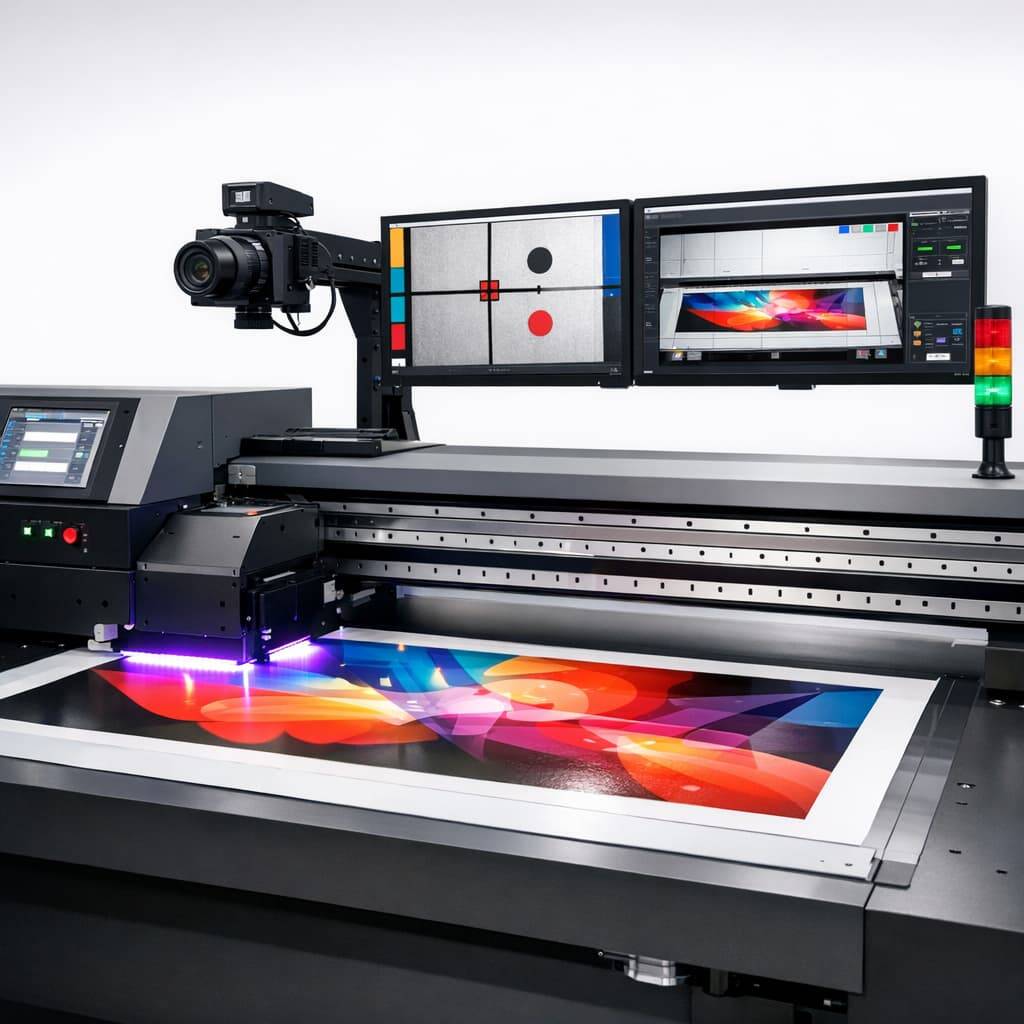 Large-format UV printer with augmented vision system in operation