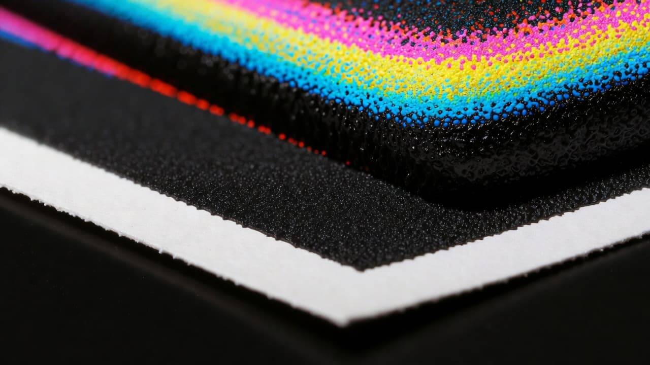 Close-up of white ink layer improving color vibrancy on dark material using UV DTF printer