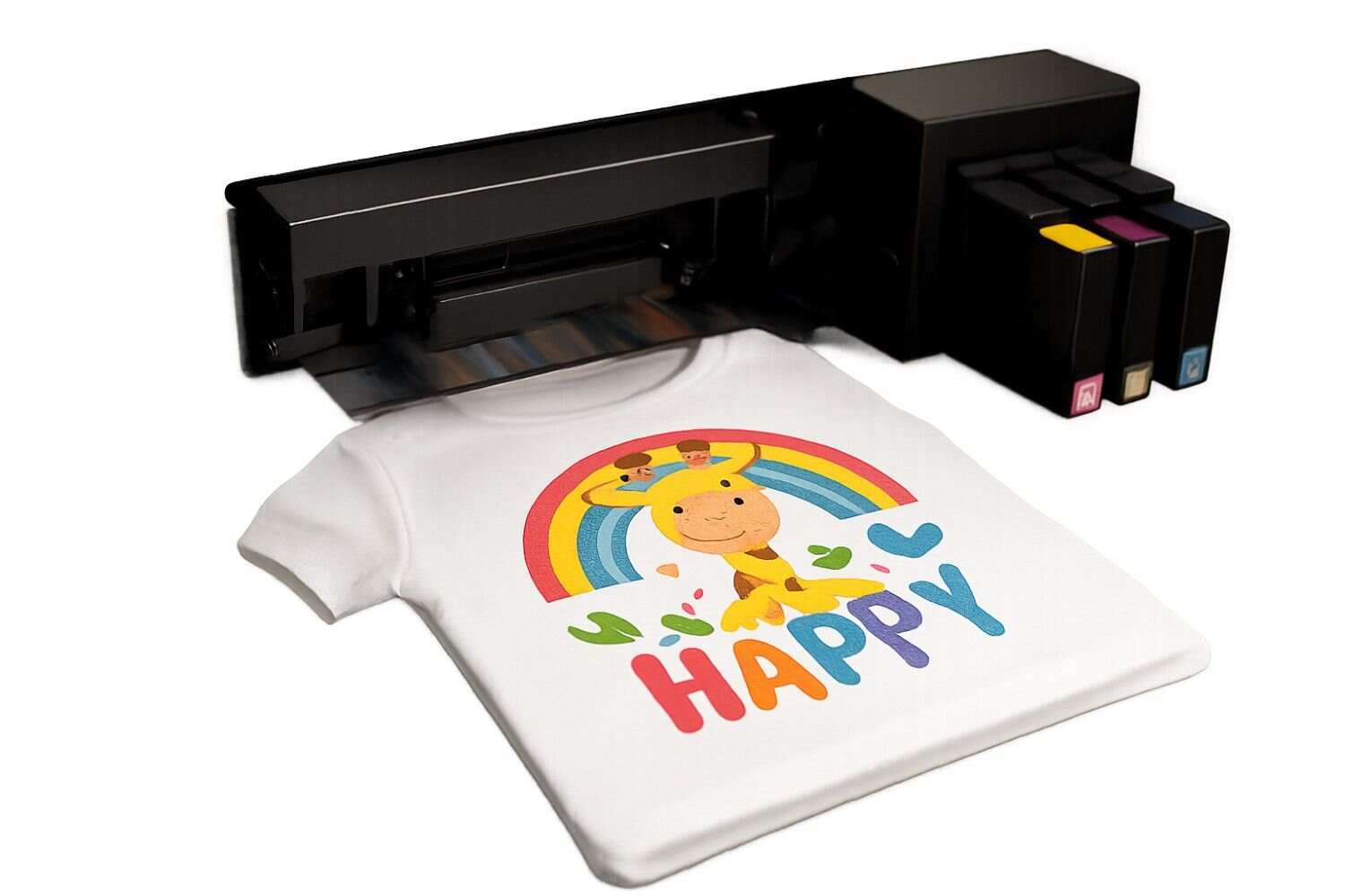 DTG printer printing custom kids apparel with colorful design