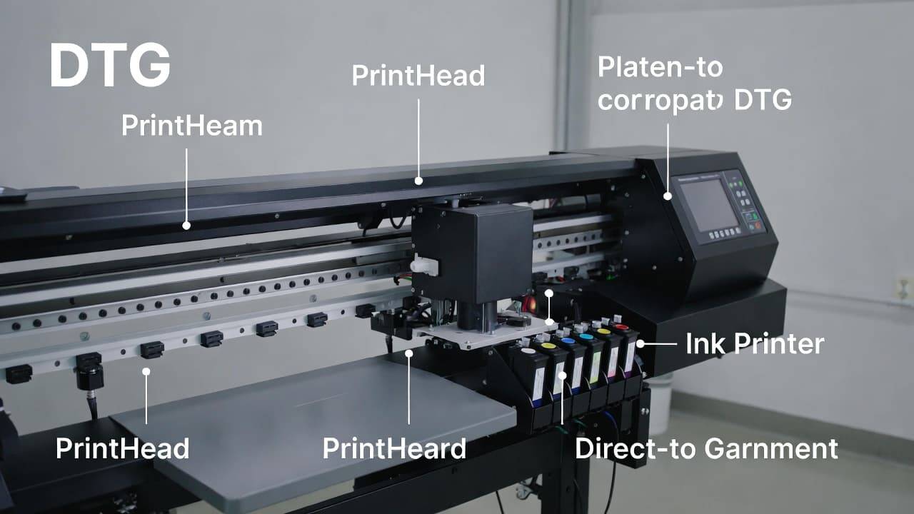 Labeled components of DTG printer including printhead platen and ink system