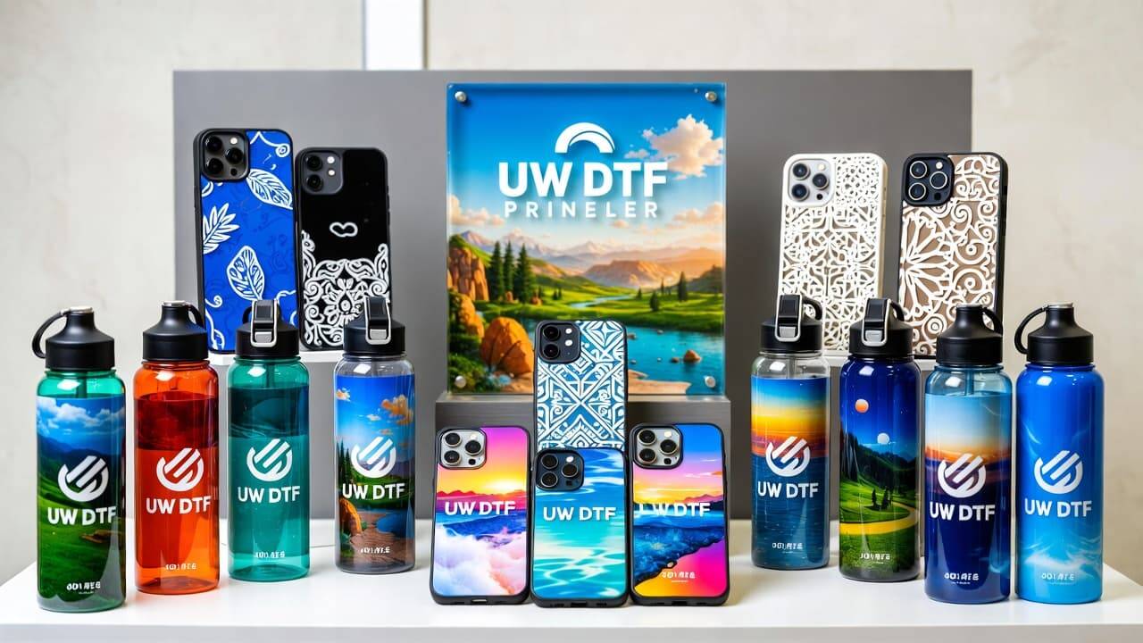 Various customized products printed using UV DTF technology including bottles, phone cases, and signage