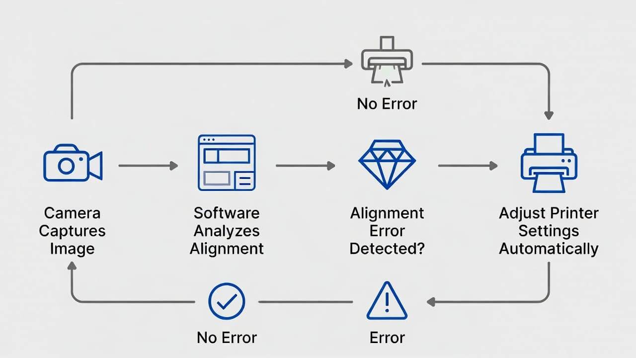 Diagram showing real-time vision control closed-loop system in UV printing