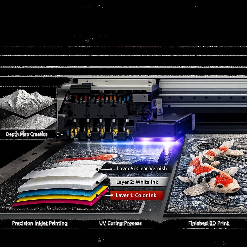 Textured UV printed packaging and signage using depth mapping