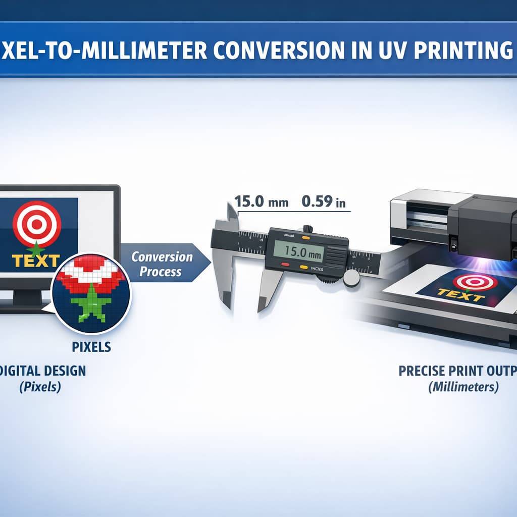 Pixel to millimeter conversion process in UV printing