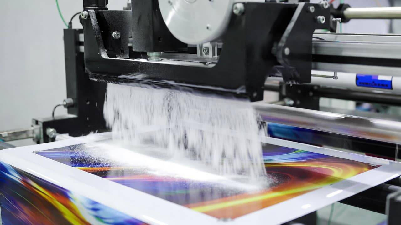 Automatic DTF powder shaker evenly applying adhesive powder on printed film