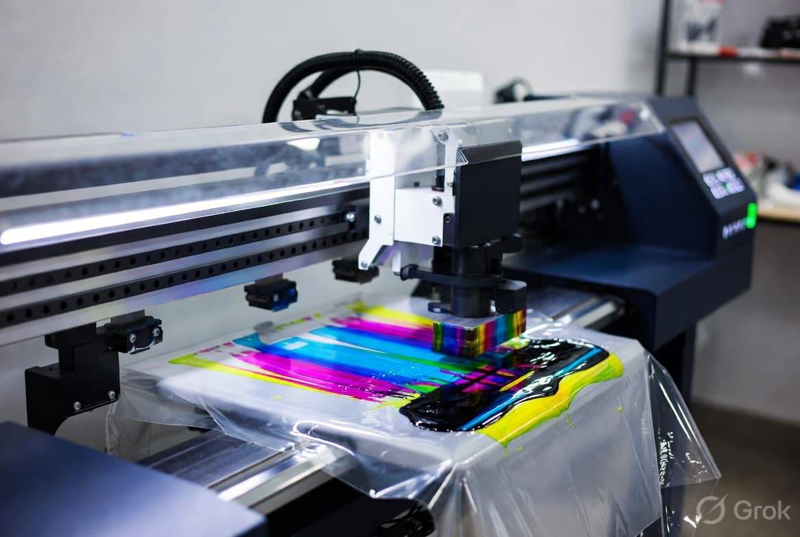 DTF printer printing colorful design on PET transfer film