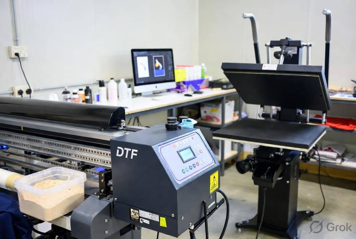 DTF printing equipment setup with printer and heat press